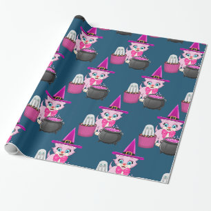 Pink Kitten Halloween Cartoon Wrapping Paper