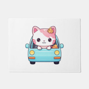 Pink kitten in its extreme adorable blue car doormat