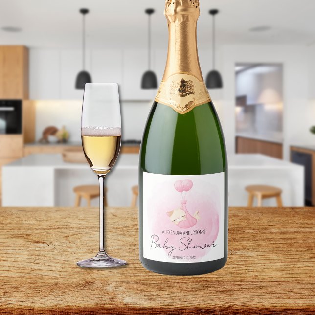 Pink Kitten Watercolor Baby Girl Shower Sparkling Wine Label (Creator Uploaded)