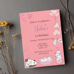 pink  kitty baby girl birthday  invitation
