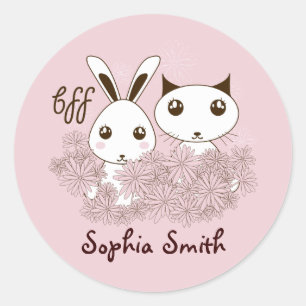 Pink Kitty Cat and Bunny Animal Friends Kids Name Classic Round Sticker