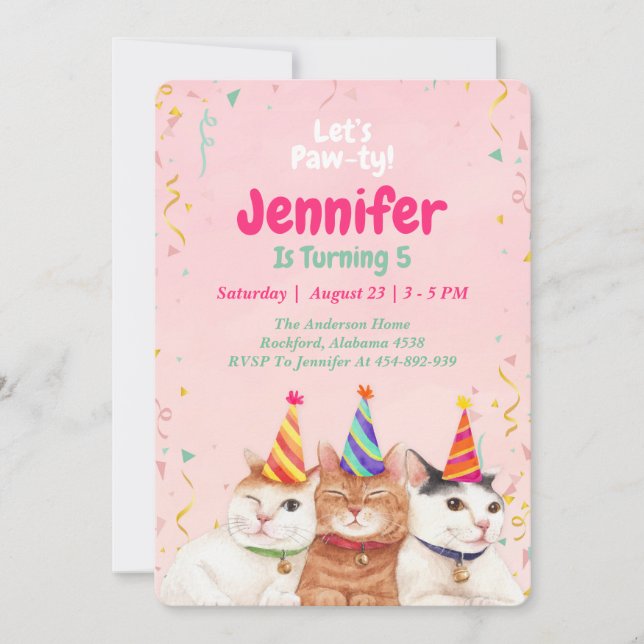 Pink Kitty Cat Birthday Party Invitation, Editable Invitation (Front)