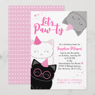 Pink Kitty Cat Fun Birthday Party Evite or Print Invitation