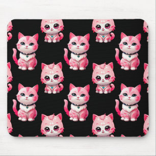 Pink Kitty Cats Design Black Mouse Pad