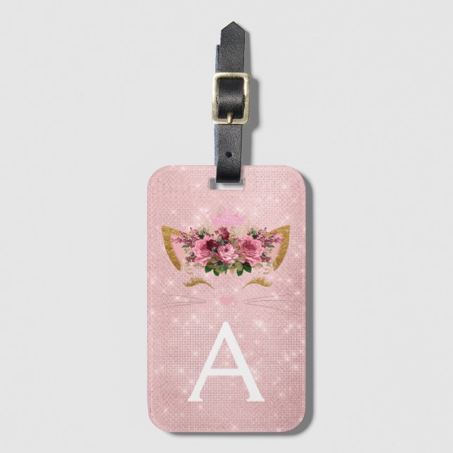 Pink Kitty Sparkle Princess Monogram Name Luggage Tag (Front Vertical)