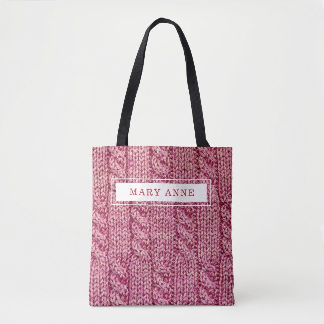 Pink knitting personalised tote bag (Front)