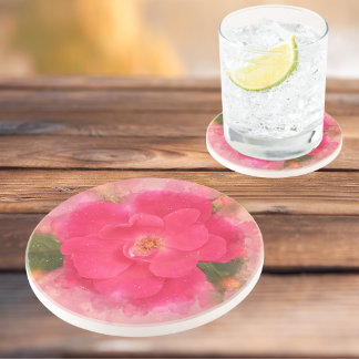 Pink Knockout Rose Watercolor  Coaster
