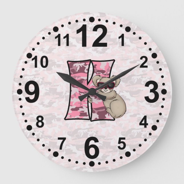 Pink Koala Camouflage Letter K Monogram Large Clock (Front)