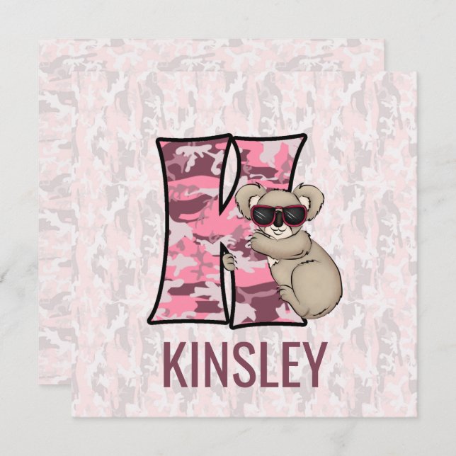 Pink Koala Letter K Kids Birthday Party Invitation (Front/Back)