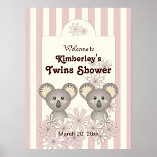Pink Koala Twin Baby Shower   Kids Girl Birthday Poster