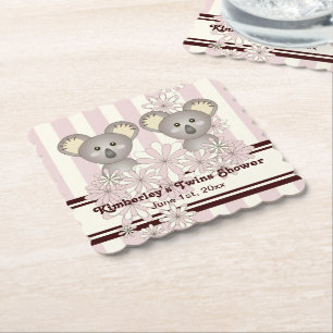 Pink Koala Twin Girl Baby Shower / Kids Birthday Paper Coaster