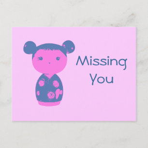 Pink Kokeshi Blue Postcard