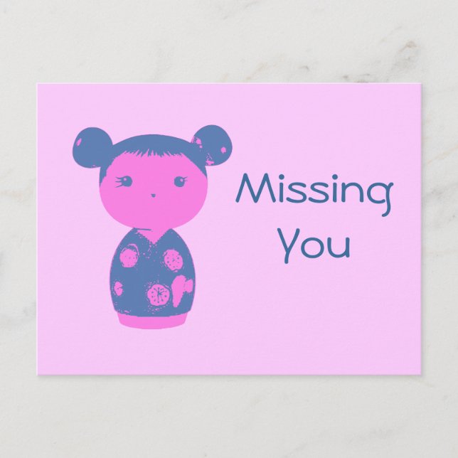 Pink Kokeshi Blue Postcard (Front)