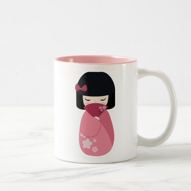 PINK Kokeshi Doll - Cute Japanese Geisha Girl Two-Tone Coffee Mug (Right)