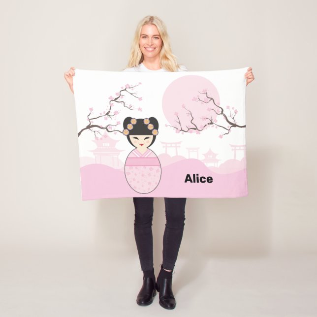 Pink Kokeshi Doll Typical Japanese Landscape Fleece Blanket (In Situ)