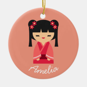 Pink Kokeshi Japanese dolls Ceramic Ornament