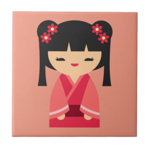 Pink Kokeshi Japanese dolls Ceramic Tile