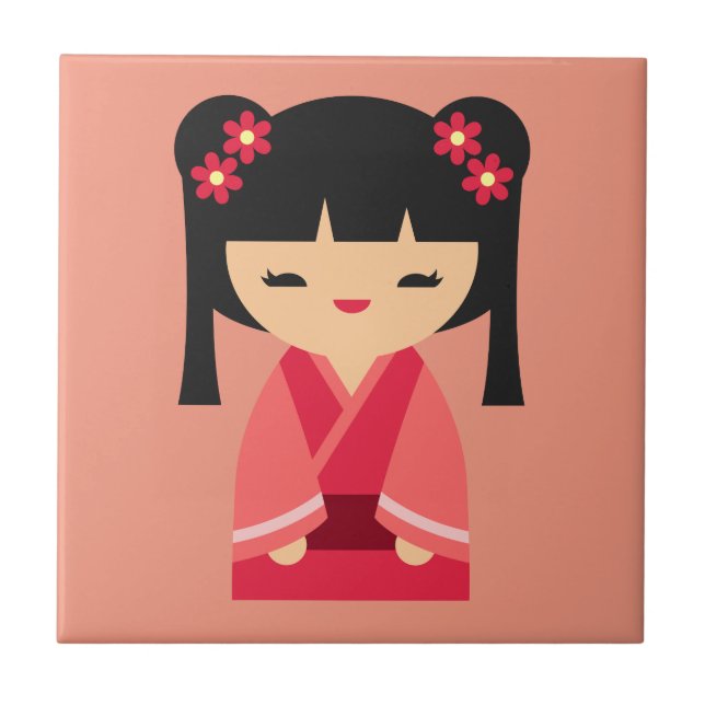 Pink Kokeshi Japanese dolls Ceramic Tile (Front)