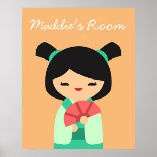 Pink Kokeshi Japanese dolls girls room Poster