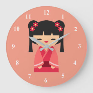 Pink Kokeshi Japanese dolls Large Clock