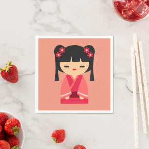Pink Kokeshi Japanese dolls Napkin