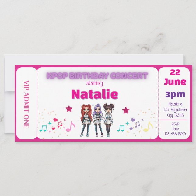 Pink KPOP Birthday Concert Ticket Invitation (Front)