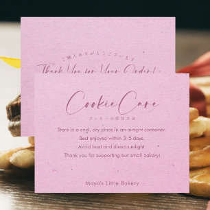 Pink Kraft Elegant Script Cookie Care Instructions Thank You Card