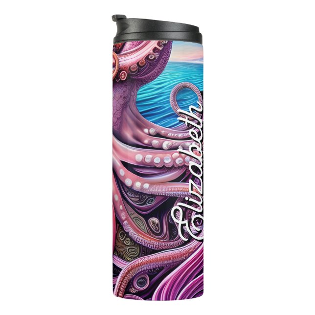 Pink Kraken Octopus Tentacles Custom Name Thermal Tumbler (Rotated Right)