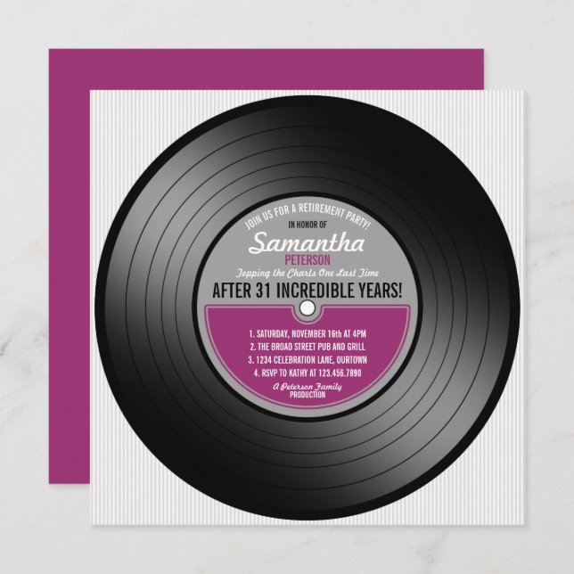 Pink Label Vinyl Record Retirement Party Invitation (Front/Back)