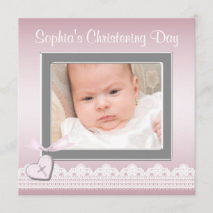 Pink Lace Baby Girl Photo  Christening Invitation