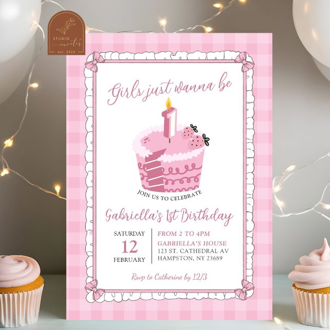 Pink lace bow Girl Just Wanna Be One Birthday Invitation (Creator Uploaded)