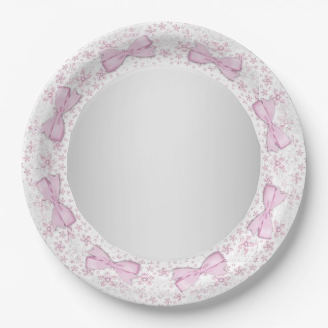 Pink Lace Bow Pink Grey Baby Shower Paper Plate (Front)