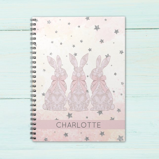 Pink Lace Bunny Stars Pattern Notebook (Personalized Lace Bunny Easter Notebook)
