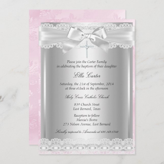 Pink Lace Cross Baptism/Christening Invitation (Front/Back)