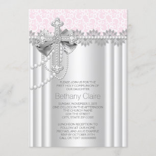 Pink Lace Cross First Communion Invitation