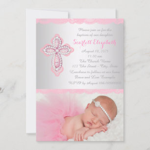 Pink Lace Cross Photo Baptism Christening Invitation