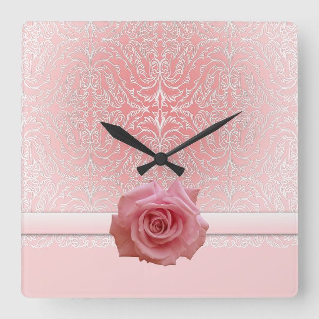 Pink Lace Damask Beauty Rose Clock (Front)