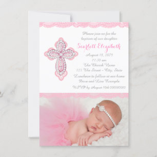 Pink Lace Diamond Cross Photo Baptism Christening Invitation