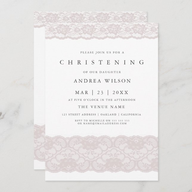 Pink Lace Elegant Baby Girl Christening Invite (Front/Back)