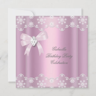 Pink Lace Elegant Birthday Party Diamond Bow Invitation