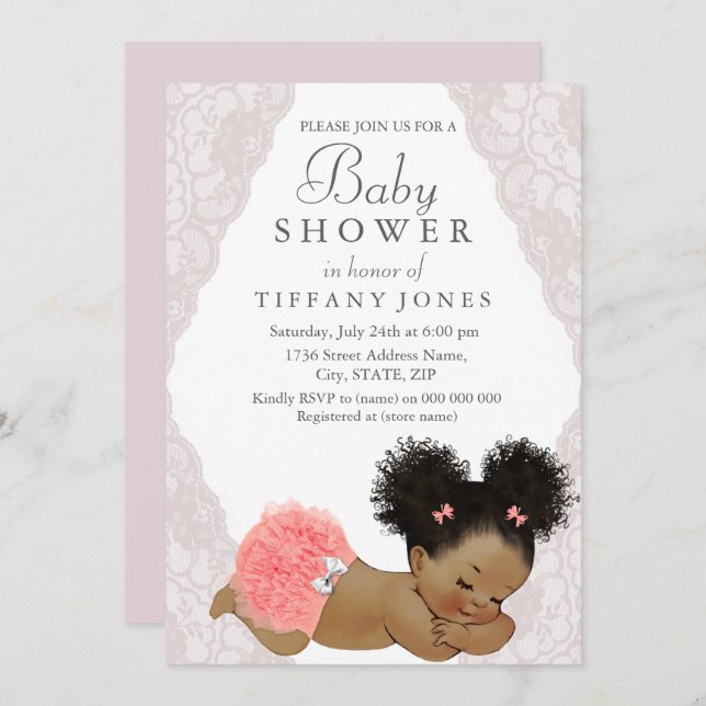 Pink Lace Ethnic Vintage Baby Shower Invite (Front/Back)