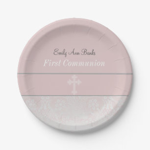 Pink Lace First Communion Paper Plate