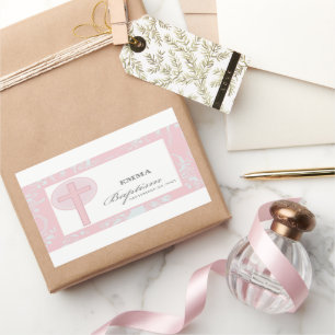 Pink Lace Girl Baptism Personalised Rectangular Sticker