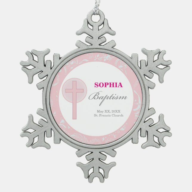 Pink Lace Girl Baptism Snowflake Pewter Christmas Ornament (Front)