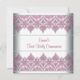 Pink Lace Girls First Communion Invitation