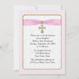 Pink Lace, Gold Cross, Religious Invitation