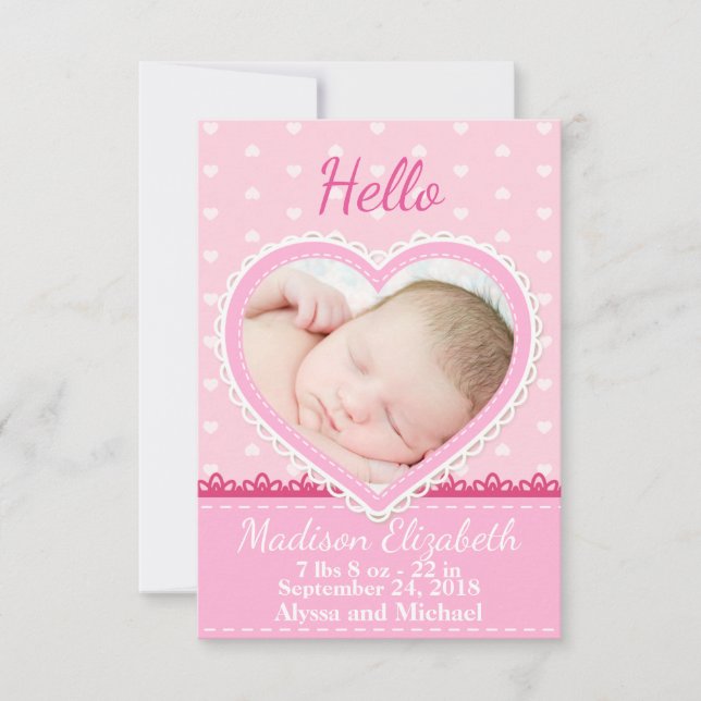 Pink Lace Heart Birth Announcement (Front)