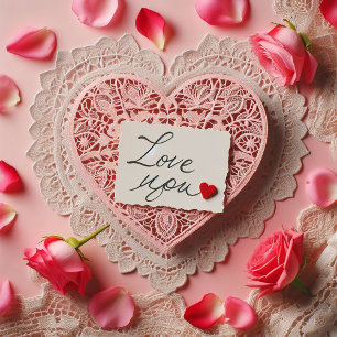 Pink Lace Heart Love You Note VALENTINE Holiday Card