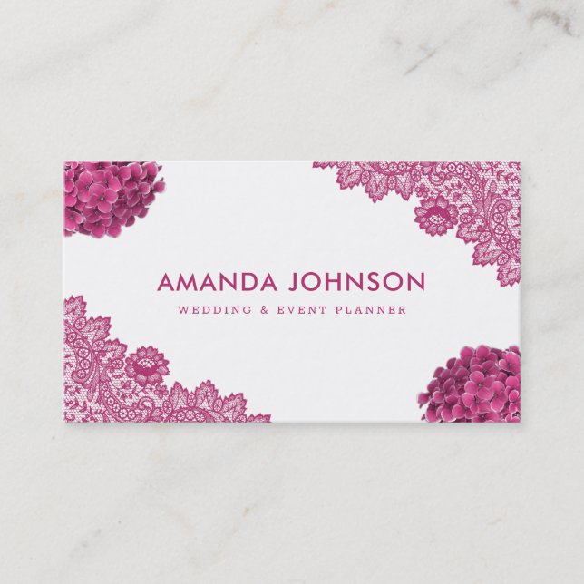 Pink Lace Hydrangea Floral Wedding Event Planner Business Card (Front)