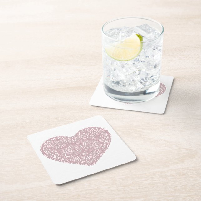Pink Lace Love heart Square Paper Coaster (Insitu)